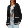 imageDarong Women Oversized Cardigan Sweaters Knit Button Front Stripes Trim Cardigan Tops Fall Outfits with PocketsBlack