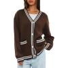 imageDarong Women Oversized Cardigan Sweaters Knit Button Front Stripes Trim Cardigan Tops Fall Outfits with PocketsCoffee