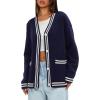 imageDarong Women Oversized Cardigan Sweaters Knit Button Front Stripes Trim Cardigan Tops Fall Outfits with PocketsDark Blue