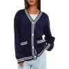 imageDarong Women Oversized Cardigan Sweaters Knit Button Front Stripes Trim Cardigan Tops Fall Outfits with PocketsDark Blue