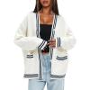imageDarong Women Oversized Cardigan Sweaters Knit Button Front Stripes Trim Cardigan Tops Fall Outfits with PocketsWhiteDark Blue