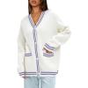 imageDarong Women Oversized Cardigan Sweaters Knit Button Front Stripes Trim Cardigan Tops Fall Outfits with PocketsWhiteLight Purple