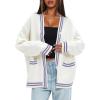 imageDarong Women Oversized Cardigan Sweaters Knit Button Front Stripes Trim Cardigan Tops Fall Outfits with PocketsWhiteLight Purple