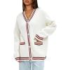 imageDarong Women Oversized Cardigan Sweaters Knit Button Front Stripes Trim Cardigan Tops Fall Outfits with PocketsWhiteRed
