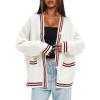 imageDarong Women Oversized Cardigan Sweaters Knit Button Front Stripes Trim Cardigan Tops Fall Outfits with PocketsWhiteRed