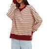 imageDarong Women Oversized Striped Color Block Long Sleeve Crew Neck Sweatshirt Casual Cotton Pullover Sweatshirts Fall ClothBeigeRed