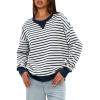 imageDarong Women Oversized Striped Color Block Long Sleeve Crew Neck Sweatshirt Casual Cotton Pullover Sweatshirts Fall ClothDark BlueWhite
