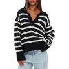imageDarong Womens Oversized Striped Pullover Sweaters Polo V Neck Knitted Pullover Tops Fall Fashion ClothesBlack Stripe