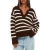 imageDarong Womens Oversized Striped Pullover Sweaters Polo V Neck Knitted Pullover Tops Fall Fashion ClothesCoffee Stripe