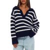 imageDarong Womens Oversized Striped Pullover Sweaters Polo V Neck Knitted Pullover Tops Fall Fashion ClothesDark Blue Stripe