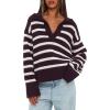 imageDarong Womens Oversized Striped Pullover Sweaters Polo V Neck Knitted Pullover Tops Fall Fashion ClothesDark Purple Stripe