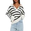 imageDarong Womens Oversized Striped Pullover Sweaters Polo V Neck Knitted Pullover Tops Fall Fashion ClothesOff White Stripe