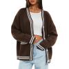 imageDarong Women Oversized Cardigan Sweaters Knit Button Front Stripes Trim Cardigan Tops Fall Outfits with PocketsCoffee