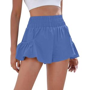 imageDaron Womens Athletic Shorts High Waisted Running Shorts Sporty Short Gym Elastic Workout Shorts with Side PocketsBlue