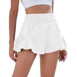 imageDaron Womens Athletic Shorts High Waisted Running Shorts Sporty Short Gym Elastic Workout Shorts with Side PocketsWhite