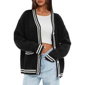 imageDarong Women Oversized Cardigan Sweaters Knit Button Front Stripes Trim Cardigan Tops Fall Outfits with PocketsBlack