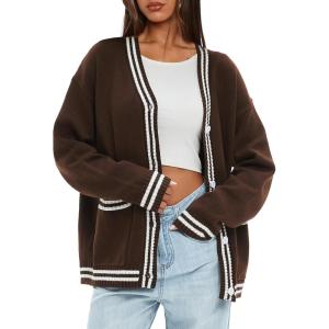 imageDarong Women Oversized Cardigan Sweaters Knit Button Front Stripes Trim Cardigan Tops Fall Outfits with PocketsCoffee