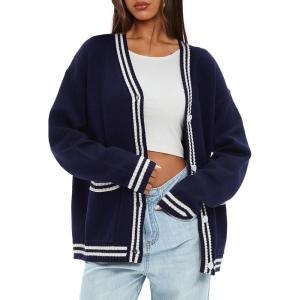 imageDarong Women Oversized Cardigan Sweaters Knit Button Front Stripes Trim Cardigan Tops Fall Outfits with PocketsDark Blue