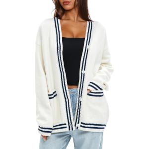 imageDarong Women Oversized Cardigan Sweaters Knit Button Front Stripes Trim Cardigan Tops Fall Outfits with PocketsWhiteDark Blue