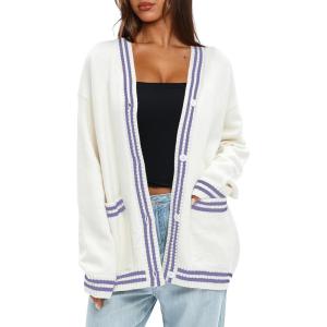 imageDarong Women Oversized Cardigan Sweaters Knit Button Front Stripes Trim Cardigan Tops Fall Outfits with PocketsWhiteLight Purple