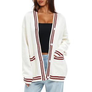 imageDarong Women Oversized Cardigan Sweaters Knit Button Front Stripes Trim Cardigan Tops Fall Outfits with PocketsWhiteRed