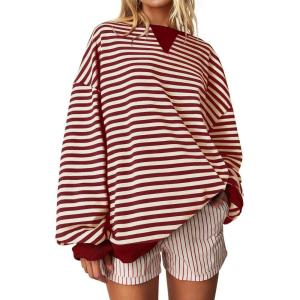 imageDarong Women Oversized Striped Color Block Long Sleeve Crew Neck Sweatshirt Casual Cotton Pullover Sweatshirts Fall ClothBeigeRed