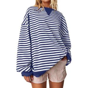 imageDarong Women Oversized Striped Color Block Long Sleeve Crew Neck Sweatshirt Casual Cotton Pullover Sweatshirts Fall ClothBlueWhite