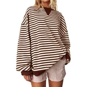 imageDarong Women Oversized Striped Color Block Long Sleeve Crew Neck Sweatshirt Casual Cotton Pullover Sweatshirts Fall ClothCoffeeWhite