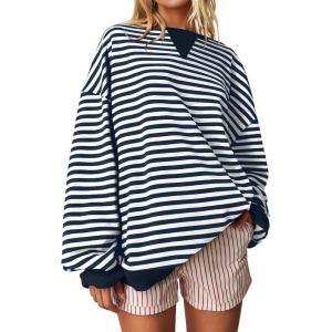 imageDarong Women Oversized Striped Color Block Long Sleeve Crew Neck Sweatshirt Casual Cotton Pullover Sweatshirts Fall ClothDark BlueWhite