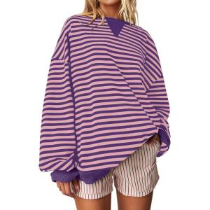 imageDarong Women Oversized Striped Color Block Long Sleeve Crew Neck Sweatshirt Casual Cotton Pullover Sweatshirts Fall ClothDeep PurplePink