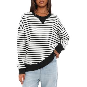 imageDarong Women Oversized Striped Color Block Long Sleeve Crew Neck Sweatshirt Casual Cotton Pullover Sweatshirts Fall ClothWhite Stripe