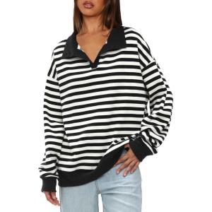 imageDarong Womens Oversized Contrast Striped Long Sleeve Collared Sweatshirts Casual Cotton Pullover Sweatshirt Fall ClothBlack Stripe