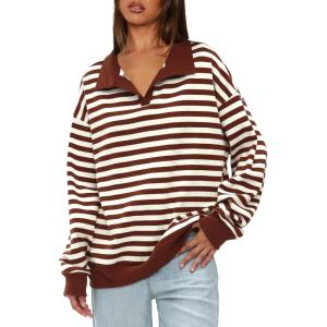 imageDarong Womens Oversized Contrast Striped Long Sleeve Collared Sweatshirts Casual Cotton Pullover Sweatshirt Fall ClothBrown Stripe