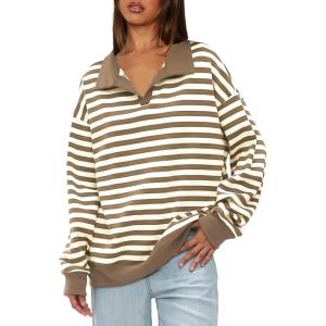 imageDarong Womens Oversized Contrast Striped Long Sleeve Collared Sweatshirts Casual Cotton Pullover Sweatshirt Fall ClothKhaki Stripe