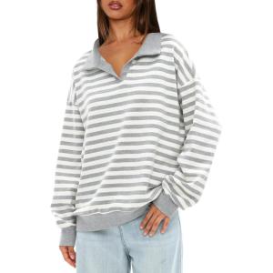 imageDarong Womens Oversized Contrast Striped Long Sleeve Collared Sweatshirts Casual Cotton Pullover Sweatshirt Fall ClothLight Grey Stripe