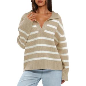 imageDarong Womens Oversized Striped Pullover Sweaters Polo V Neck Knitted Pullover Tops Fall Fashion ClothesApricot Stripe