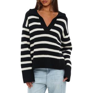 imageDarong Womens Oversized Striped Pullover Sweaters Polo V Neck Knitted Pullover Tops Fall Fashion ClothesBlack Stripe