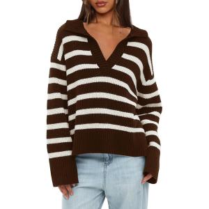 imageDarong Womens Oversized Striped Pullover Sweaters Polo V Neck Knitted Pullover Tops Fall Fashion ClothesCoffee Stripe