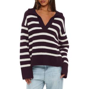 imageDarong Womens Oversized Striped Pullover Sweaters Polo V Neck Knitted Pullover Tops Fall Fashion ClothesDark Purple Stripe