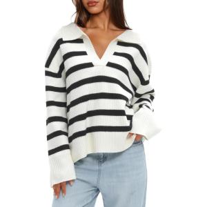 imageDarong Womens Oversized Striped Pullover Sweaters Polo V Neck Knitted Pullover Tops Fall Fashion ClothesOff White Stripe