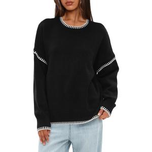 imageDarong Womens Pullover Sweater Casual Long Sleeve Crew Neck Contrast Color Sweaters 2024 Fall TopsBlack