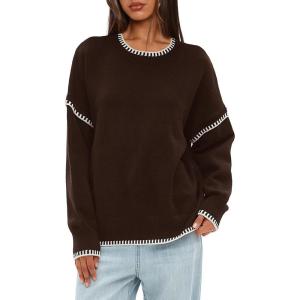 imageDarong Womens Pullover Sweater Casual Long Sleeve Crew Neck Contrast Color Sweaters 2024 Fall TopsCoffee