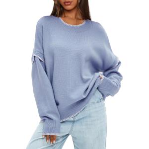 imageDarong Womens Pullover Sweater Casual Long Sleeve Crew Neck Contrast Color Sweaters 2024 Fall TopsGrey Blue