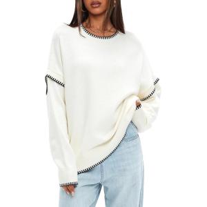 imageDarong Womens Pullover Sweater Casual Long Sleeve Crew Neck Contrast Color Sweaters 2024 Fall TopsWhite