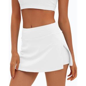 imageDarong Womens Tennis Skirt with Pockets Shorts High Waisted Side Slit Skort Workout Golf Skirt Athletic SkortsWhite