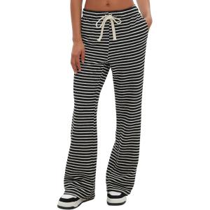 imageDarong Womens Wide Leg Sweatpants Stripe Print Yoga Pants Comfy Lounge Baggy Drawstring Trousers with PocketsBlack Apricot Stripe