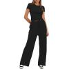 imageDarong Womens 2 Piece Outfits Lounge Sets Ruched Short Sleeve Tops High Waisted Wide Leg Pants Tracksuit SetsBlack31 Inseam