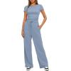 imageDarong Womens 2 Piece Outfits Lounge Sets Ruched Short Sleeve Tops High Waisted Wide Leg Pants Tracksuit SetsBlue29 Inseam