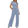 imageDarong Womens 2 Piece Outfits Lounge Sets Ruched Short Sleeve Tops High Waisted Wide Leg Pants Tracksuit SetsBlue31 Inseam