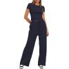 imageDarong Womens 2 Piece Outfits Lounge Sets Ruched Short Sleeve Tops High Waisted Wide Leg Pants Tracksuit SetsDark Blue29 Inseam